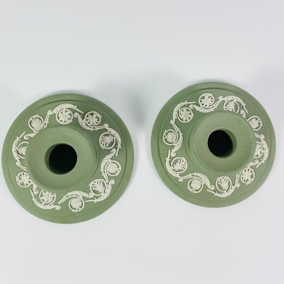 Wedgwood Jasperware Set Of Two Celadon Green Candle Holders - Picture 3 of 5